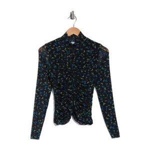 Women's AFRM S Black Blue Green Floral Ruched Long Sleeve Mock Neck Top
